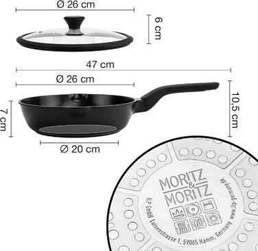 Сковорода Moritz & Moritz 26 см з кришкою, чорна, з антипригарним покриттям та Soft-Touch ручкою - для смаження, тушкування та приготування на пару. Підходить для всіх типів плит.