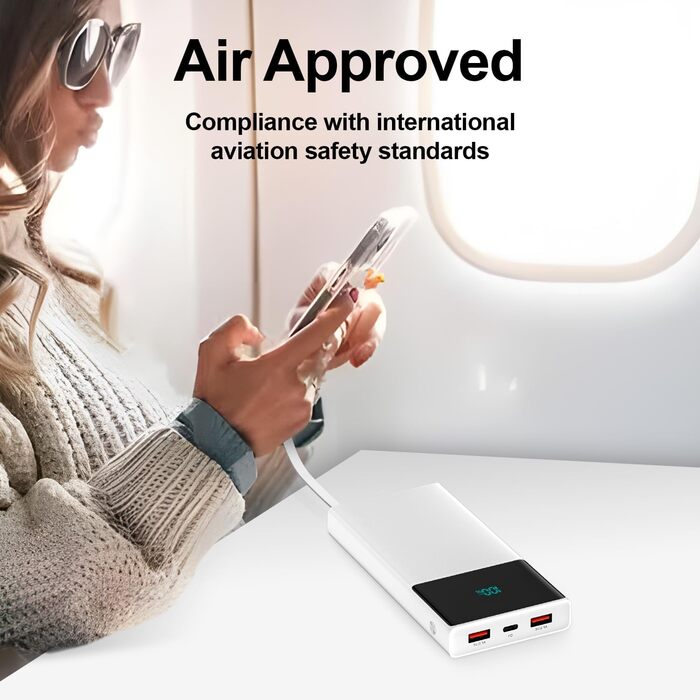 Портативний зарядний пристрій Power Bank 13000mAh з 2 вбудованими кабелями та LED-дисплеєм. Швидка зарядка PD для iPhone, Android та інших пристроїв.