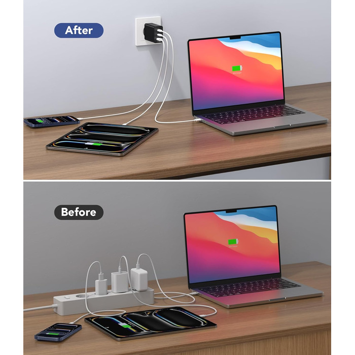 Зарядний пристрій USB C 65W 3-портовий, з кабелем 2м, для MacBook, iPhone, Switch, Galaxy, Tablet, Laptop, чорний