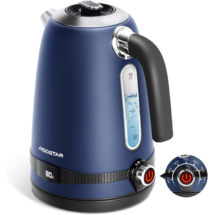 Електричний чайник Aigostar з регулюванням температури, 1,7 л, ретро-дизайн, матове покриття, цифровий дисплей, функція підтримки тепла, без пластику всередині, BPA-free (темно-синій)