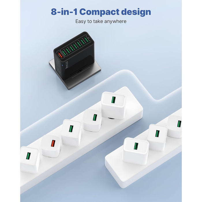 Мережевий адаптер USB з 8 портами та 33W, для iPhone, iPad, Android. Білий