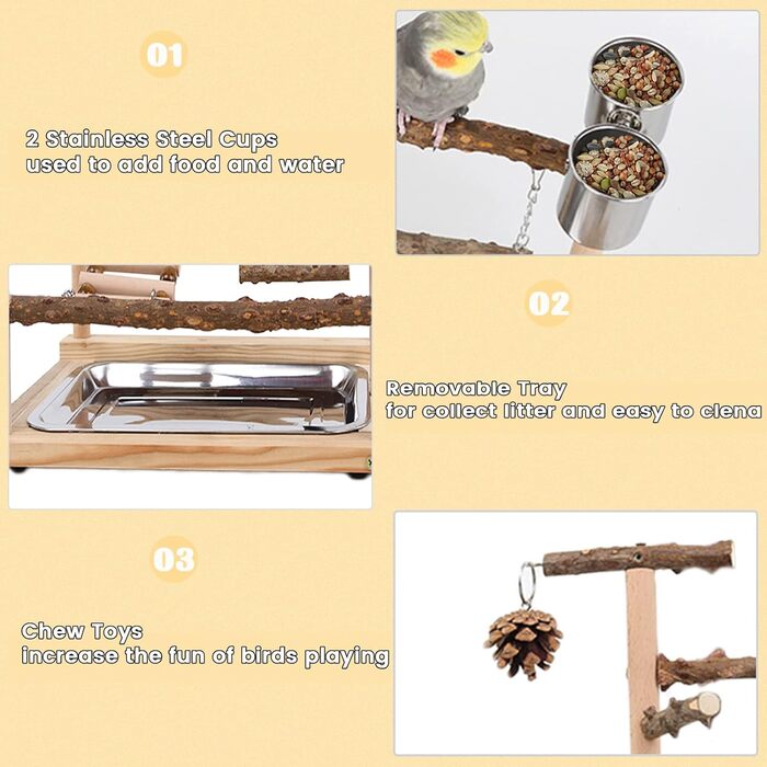 Canary Play Stand Bird Play Stand with Feeder Cup Toy Ladder Climbing Swing and Tray for Budgies, Cockatiels, Parrots, Wood, Size 45x37x26 cm #A