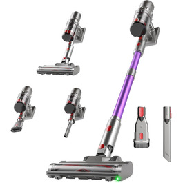 Бездротовий пилосос Hearten 4-в-1 з акумулятором, LED-дисплеєм та щіткою проти намотування, керуванням в один дотик, LED-підсвічуванням для шерсті тварин/килимів/твердих підлог, фіолетовий