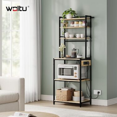 Кухонна полиця WOLTU з 6 ярусами, з розетками, для мікрохвильової печі, з металевим каркасом, регульовані полиці, Чорний+Рустикальний коричневий, 60 x 167 x 40 см