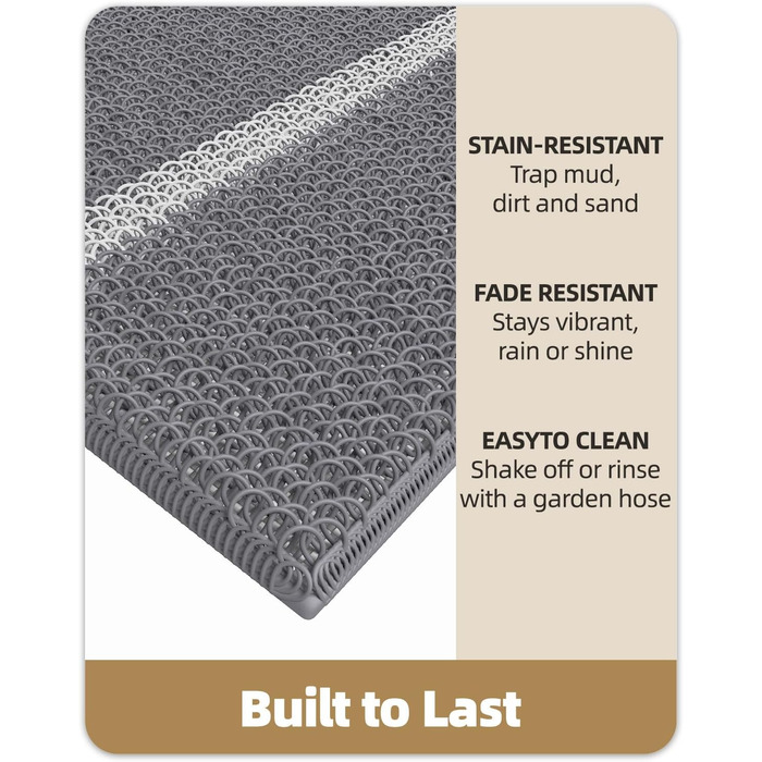 Килимок для дому та вулиці 43.5 x 75 см, сірий. Не слизький, стійкий до погодних умов, легко миється. Підходить для входу, собак, саду.