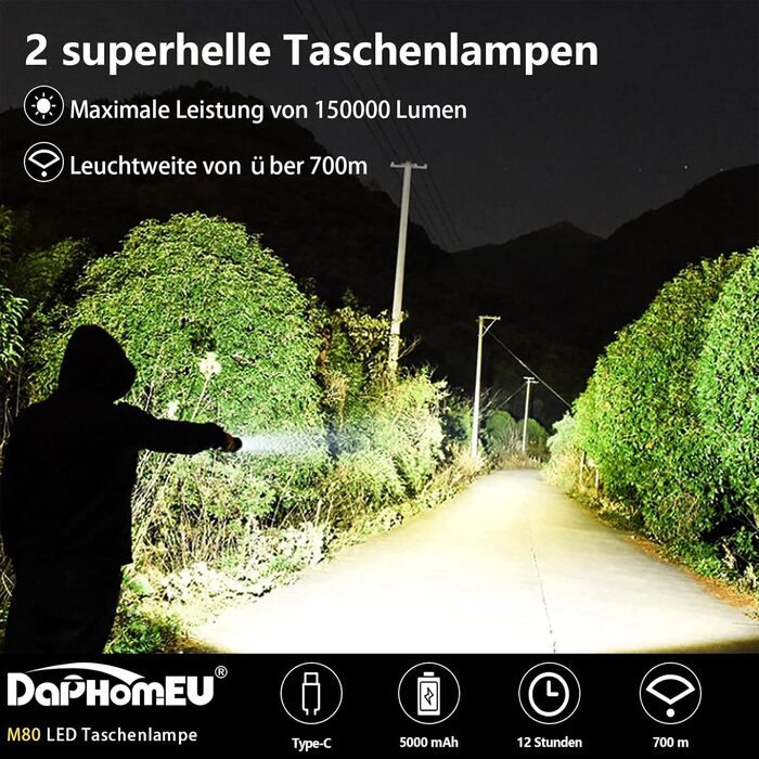 Ліхтарик daphomeu LED акумуляторний, 500000 люмен, надяскравий, тактичний, зум, водонепроникний, 5 режимів, для кемпінгу, туризму та екстрених ситуацій