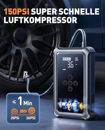 Powerbank Starthilfe 5000A з компресором 150PSI для автомобілів, 12V, бензин/дизель (10.0L), LED, USB-C