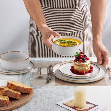 Набір посуду Joyfair на 6 осіб, 18 предметів: тарілки, миски, десертні тарілки, посуд з реактивної глазурі, для щоденного використання, сумісний з мікрохвильовою піччю та посудомийною машиною, пісочно-бежевий колір