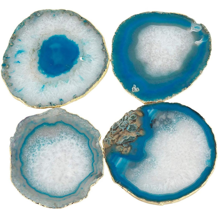 mookaitedecor Polished Natural Geode Agate Slices Coasters Set (2 Pieces), Decorative Stone Coasters for Glasses, Cups, Vases, Candles, Serving Plates, Name Cards for Wedding (Blue-Gold Rimmed)