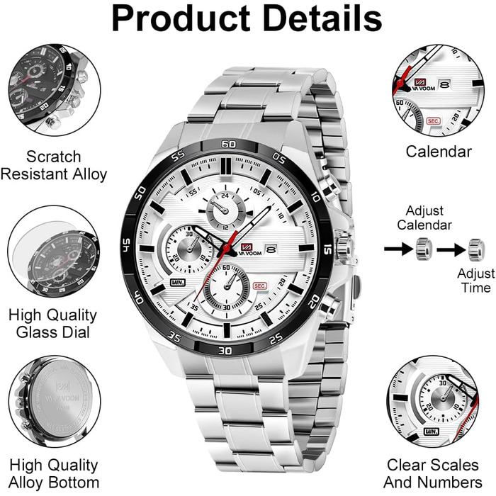 Годинник чоловічий OFFCUP: аналоговий кварцовий хронограф з водонепроникним браслетом з нержавіючої сталі. З датою, для повсякденного та ділового стилю. Ідеальний подарунок (чорний та білий)