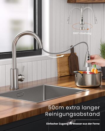 Кухонний змішувач Dayone з висувною лійкою, нержавіюча сталь SUS304, високий тиск, кухонний кран з 2 функціями, поворотна на 360°, для кухні