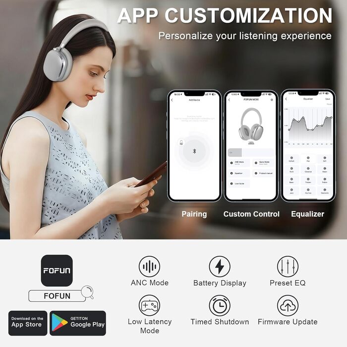 Навушники бездротові Bluetooth 6.0 NC95 з шумозаглушенням, сірі. До 120 годин роботи, налаштування EQ через додаток, для подорожей та спорту
