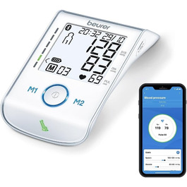 Тонометр Beurer BM 85 на плече з індикатором спокою, літій-іонний акумулятор, підключення до програми, підсвічуване дисплеї, технологія Inflation, акумуляторний – без батарейок