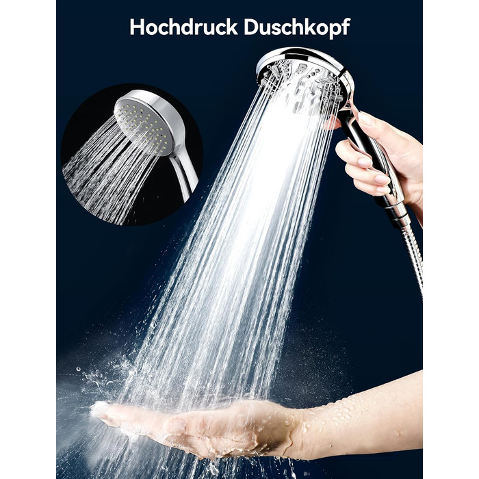 Насадка для душу Magichome з шлангом 2м, високого тиску, 5 режимів розпилення, турбо-дизайн, економна водозбереження, ручна лійка для душу з низьким тиском води (срібна з шлангом)