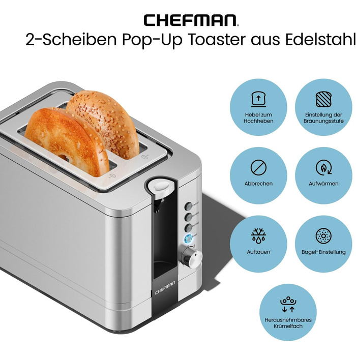 Тостер Chefman з 2-ма відділеннями, 7 ступенів підсмажування, знімний піддон для крихт, для товстого хліба та багелів, функція розморожування та відміни, ідеальний як тостер-гриль (з нержавіючої сталі)