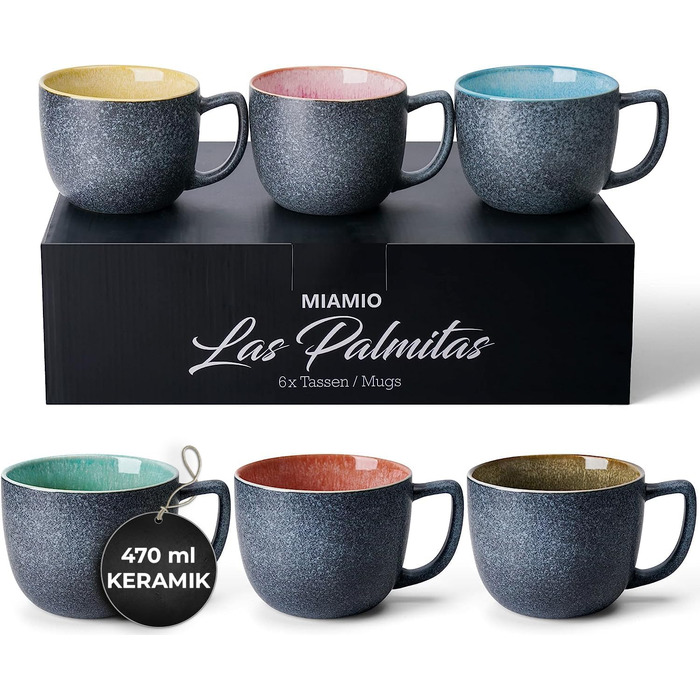 MIAMI - Set of 6 x 470 ml Coffee Cups/Mugs/Large Coffee Cups/Modern Coffee Cups made of stoneware - Las Palmitas Collection, Set of 6