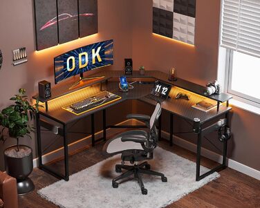 Ігровий стіл ODK 129x129 см з LED підсвіткою, розетками і USB, комп'ютерний стіл з великою полицею для монітора, карбон, чорний