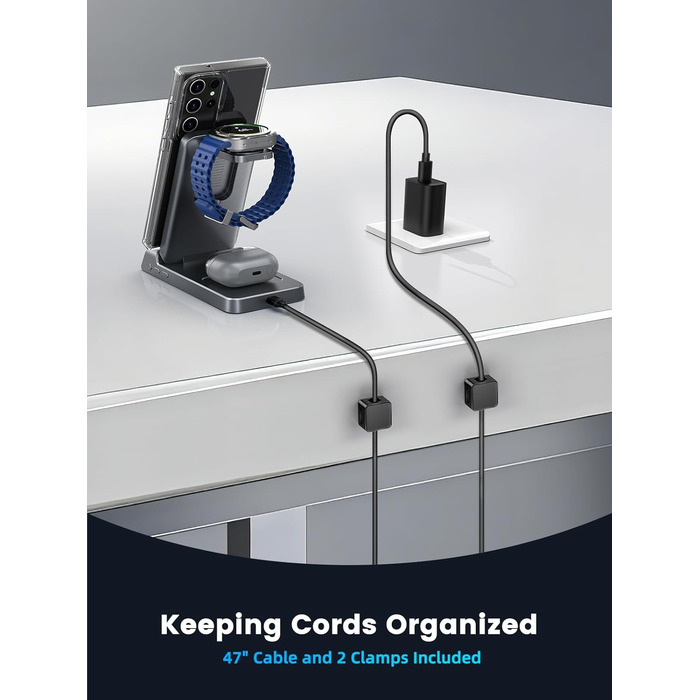 Бездротовий зарядний пристрій MagSafe 3-в-1 для Samsung Galaxy Fold/Flip, S24/S25 Ultra, Watch Ultra/8/7/6, Buds 3/3 Pro (Білий/Сірий)