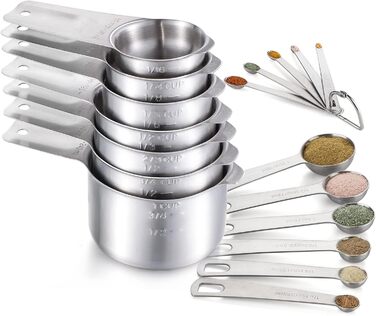 Stainless steel measuring cup and spoon set includes 7 measuring cups and 6 measuring spoons, 5 mini measuring spoons for baking & cooking, kitchen measuring tools