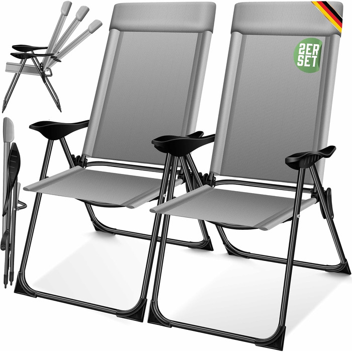Крісла садові розкладні KESSER® 2 шт. з високою спинкою, алюміній, 7 положень, з підлокітниками, сітчасті, для балкону, тераси, кемпінгу