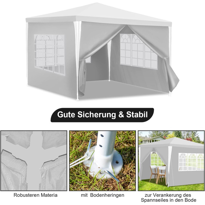 Waterproof Garden Pavilion, Gazebo, Stable and Winterproof with 4 Side Panels and Windows, Garden Party Tent with UV Protection 50+ for Parties, Market Stalls, Flea Markets, and Camping, Green, 3x3m (White-3x3M)