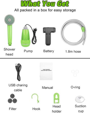 LIBERRWAY Camping Shower Battery Powered Camping Shower Outdoor with Shower Hose and Rechargeable Battery Water Pump for Garden Travel Car Washing (Green)