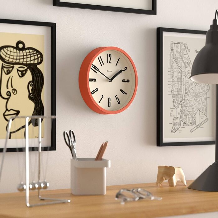 JONES CLOCKS® Hot Tub Wall Clock | Small Retro Round Clock | 20cm | Orange | Easy-to-Read Numbers | Ideal for Kitchen, Office, Kids' Room, or Any Small Space