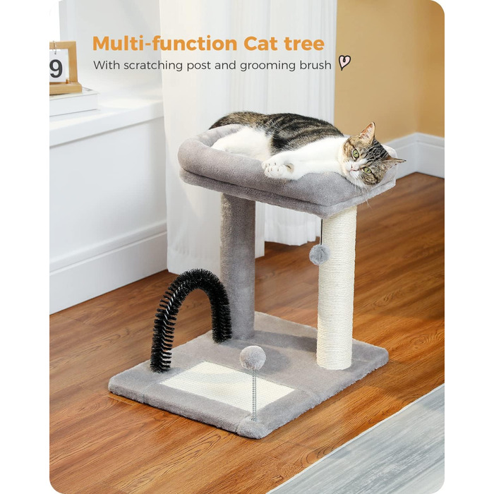 PETEPELA Small Scratching Post 51cm with Sisal Scratching Column, Scratching Board, Scratching Pad, Play Ball, Plush Cave for Kittens, Grey