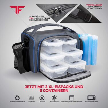 Ізотермічна ланч-бокс сумка з 6 контейнерами для їжі, BPA Free, для мікрохвильовки та морозилки, з шейкером, органайзером для пігулок, плечовим ременем і акумуляторами холоду, синя