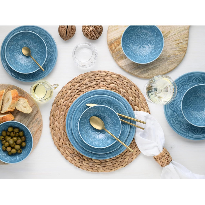 Набір посуду CreaTable Serie Orient Mandala 18 предметів, порцеляновий, аквамарин, для мікрохвильовки та посудомийної машини, зроблено в Європі