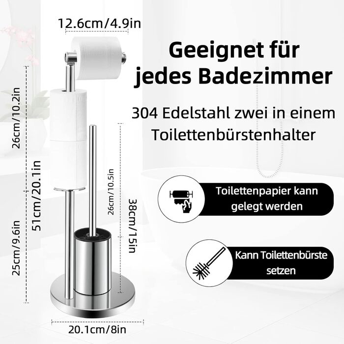 Тримач туалетного паперу з щіткою для унітазу з нержавіючої сталі 304 - сріблястий, 2-в-1