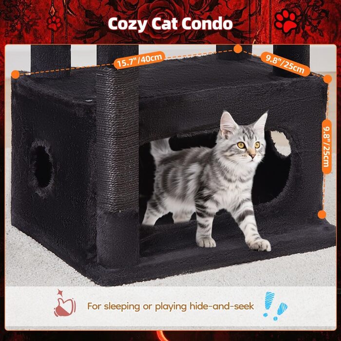 Драбина для котів Taoqimiao Klein, 98 см, з будиночком, корзиною, 4 стовпчиками для шліфування та іграшками, MS029SW (Чорний + Червоний)