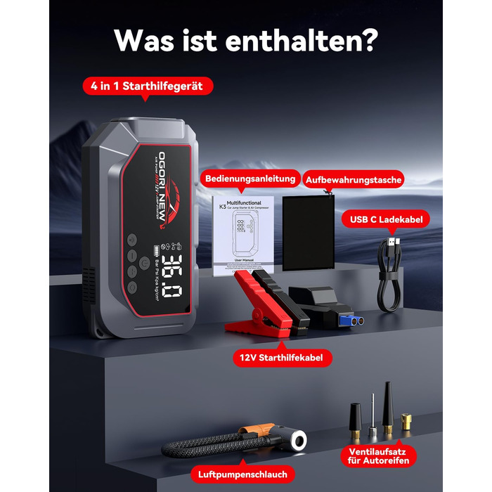 Портативний пусковий пристрій OGORI K33 з компресором 150 PSI та LED ліхтариком для автомобілів 12V (бензин 8L/дизель 10L)