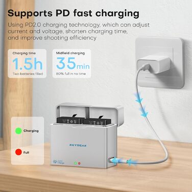 Акумулятор та зарядний пристрій для DJI Osmo Action 5 Pro/4/3: 2 шт. акумулятори, швидка зарядка PD, 2100 mAh