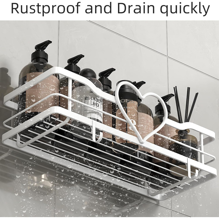 Двосекційна поличка для душу без свердління з 4 гачками, органайзер для шампуню та мила, поличка для ванної кімнати (11.5 см, білий)