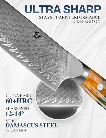 Японський кухонний ніж Santoku WILDMOK 17 см з дамаської сталі VG10, жовтий ергономічний руків'я для дому та ресторану
