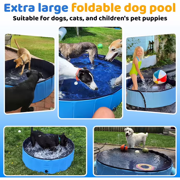 CACSPS 240x30 cm Folding Dog Pool – Collapsible Kids Pool Made of Hard Plastic for Dogs and Children, Non-Slip Pet Bathtub for Outdoor Use in the Garden, Lightweight and Portable (Blue)