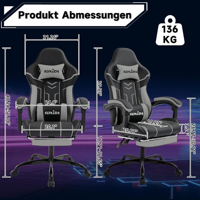 Ігрове крісло SUKIDA Ergonomic Gaming Chair з підставкою для ніг та підтримкою попереку, чорно-сіре