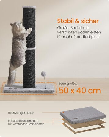 Feandrea Cat Tree, 85 cm (33.5 inches) tall, scratching post, 13 cm (5.1 inches) thick trunk, cat tree, scratching trunk for medium and large cats, sisal trunk, with plush ball and bell, PCA041G01 (ink black)