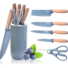 Набір кухонних ножів, 6 предметів: гострі ножі з нержавіючої сталі з антипригарним покриттям, набір для кухні з підставкою (блакитний)
