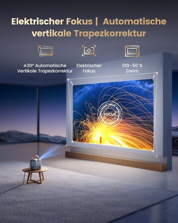 Mini проєктор Beamer 4K з WiFi 6, Dolby Audio та підтримкою Netflix | 1080P Full HD, інтегровані додатки, автоматичне фокусування, вертикальна корекція трапецеїдальних спотворень, короткофокусний, сріблясто-сірий