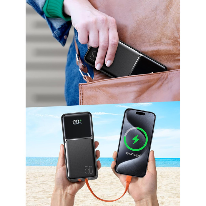 Power Bank 50000mAh з кабелем, швидка зарядка USB-C PD20W/QC22.5W, LED-індикатор, 2 входи/5 виходів, для телефонів, планшетів, подорожей, кемпінгу - Чорний