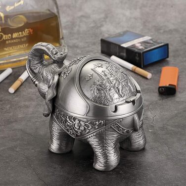 BSTKEY Vintage Ashtray with Lid – Elephant Shape, Table Ashtray, for Indoor and Outdoor Use, Retro, for Home, Office, Decoration Silver