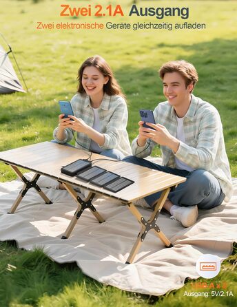 Сонячний павербанк 26800mAh elzle з 2 USB-A виходами та 1 USB-C входом, вологостійкий зовнішній акумулятор з 4 сонячними панелями та ліхтариком для смартфонів, планшетів, кемпінгу, чорний