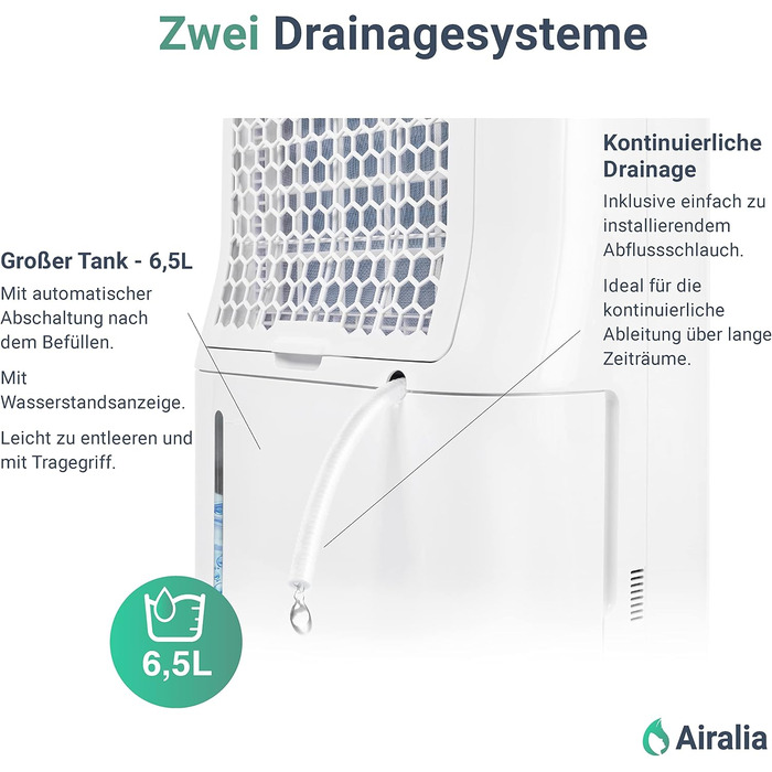 Електричний осушувач повітря AIR-DH20, 20 л/день, з підключенням до каналізації, об'єм бака 6,5 л, продуктивність 195 м³/год, для приміщень до 40 м²