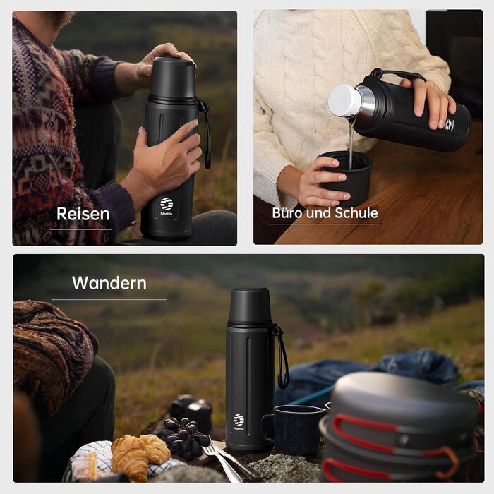 Термос Healter Thermoskanne 1л з чашкою (72 год холод, 24 год гаряче) - термофляга для кави, чаю, термокружка з знімним дном та фільтром, для подорожей, офісу та школи (зелений/чорний)