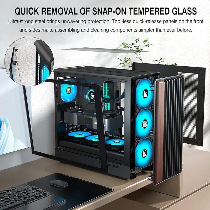 Корпус для ПК FOIFKIN з дерев'яною передньою панеллю з горіха, 4 PWM ARGB вентилятори, ATX Mid-Tower, USB Type-C, M.2, чорний