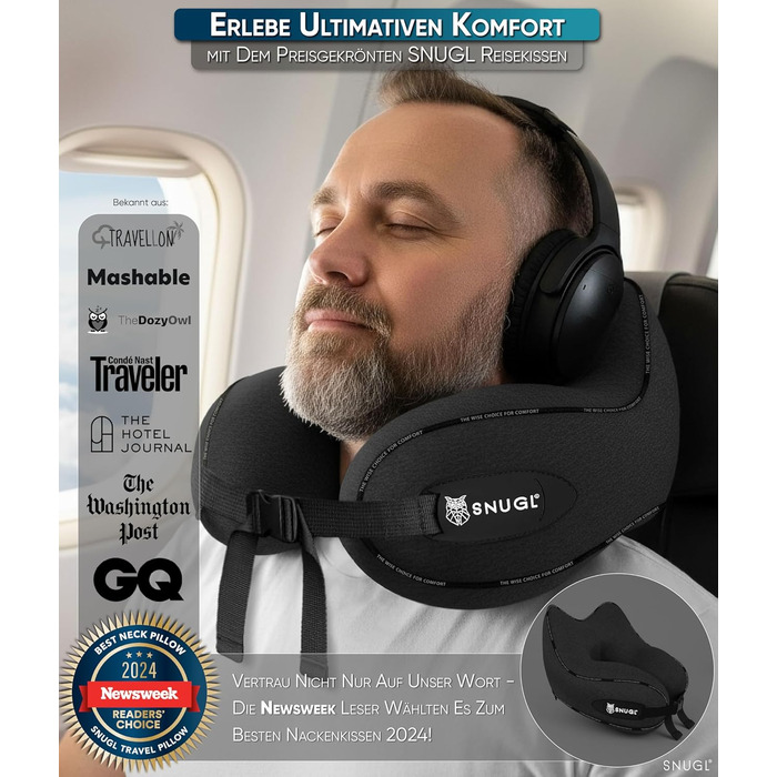 Подушка для шиї SNUGL з Memory Foam, регульована та миюча | Зручна подушка для подорожей на літаку, в авто та в дорогу | Подушка-шиїчкі SNUGL (Чорний, для дорослих)