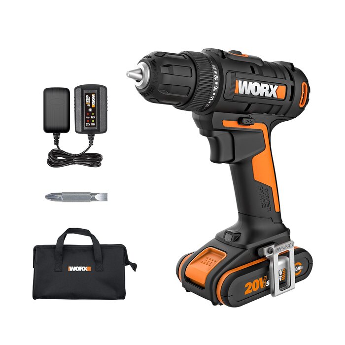 WORX WX108 акумуляторний дриль-шуруповерт 20V – універсальний інструмент для свердління та закручування, двоступеневий регулятор швидкості та 20+1 налаштувань крутного моменту до 45Nm – в комплекті 2x2Ah акумулятори та зарядний пристрій (10мм патрон, 30Nm