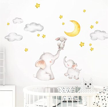 Little Deco Wall Sticker Baby Room Elephant and Rabbit with Moon and Stars I 163 x 95 cm (W x H) I Kids Pictures Decoration Children's Room Sticker Girl Sticker Boy Sticker DL463